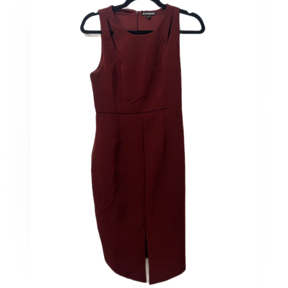 Express sleeveless burgundy sheath dress w/ shoulder cutouts and front slit S 2